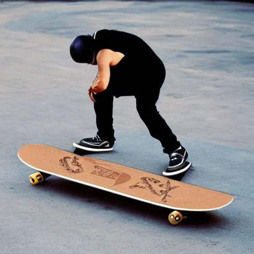 Image similar to skateboard but the deck is replaced with a loaf of bread