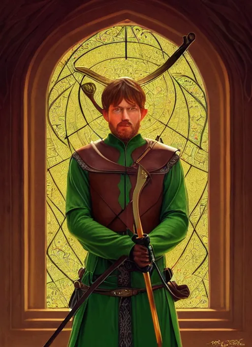 Image similar to symmetry!! portrait of robin hood as a saint in a green medieval suit with a bow and arrows, golden hour, intricate, elegant, highly detailed, digital painting, artstation, concept art, smooth, sharp focus, illustration, art by artgerm and greg rutkowski and alphonse mucha