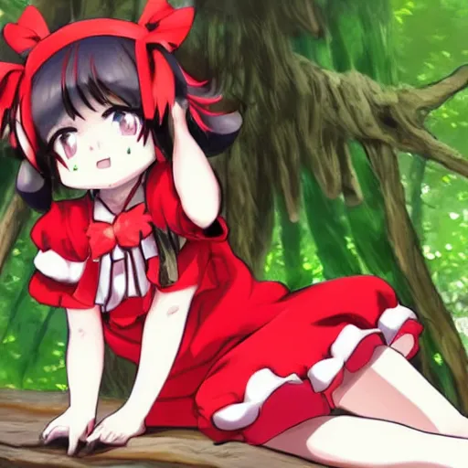 Image similar to a pixiv fanbox of reimu in the jungle wearing bonnet