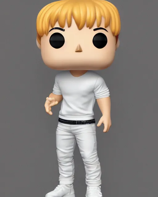 Prompt: full body 3d render of Jimin of BTS as a funko pop, studio lighting, white background, blender, trending on artstation, 8k, highly detailed , intricate details