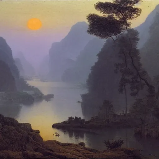 Image similar to a young man in guilin, by caspar david friedrich, mist, sunrise