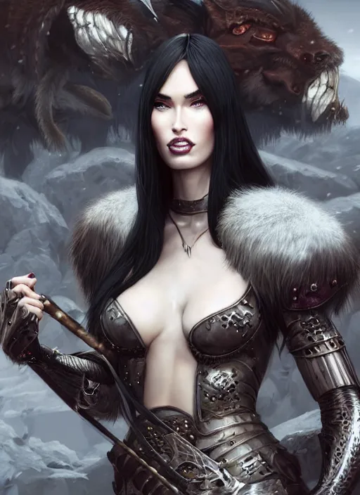 Image similar to ! dream barbarian, fur leather armor!!! megan fox, beautiful and elegant white hair female!! gorgeous ayes!! character concept art, sharp focus, octane render! unreal engine 5! highly rendered!! trending on artstation!! detailed linework!! illustration by artgerm, wlop, and chie yoshii