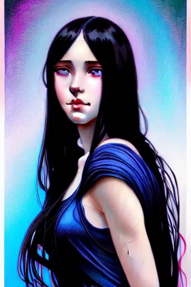 Image similar to portrait of teenage girl with long glossy black hair, blue eyes, glowing skin, fashion model features, fantasy, intricate, elegant, black dress, highly detailed, digital painting, artstation, concept art, smooth, sharp focus, illustration, art by Krenz Cushart and Artem Demura and alphonse mucha