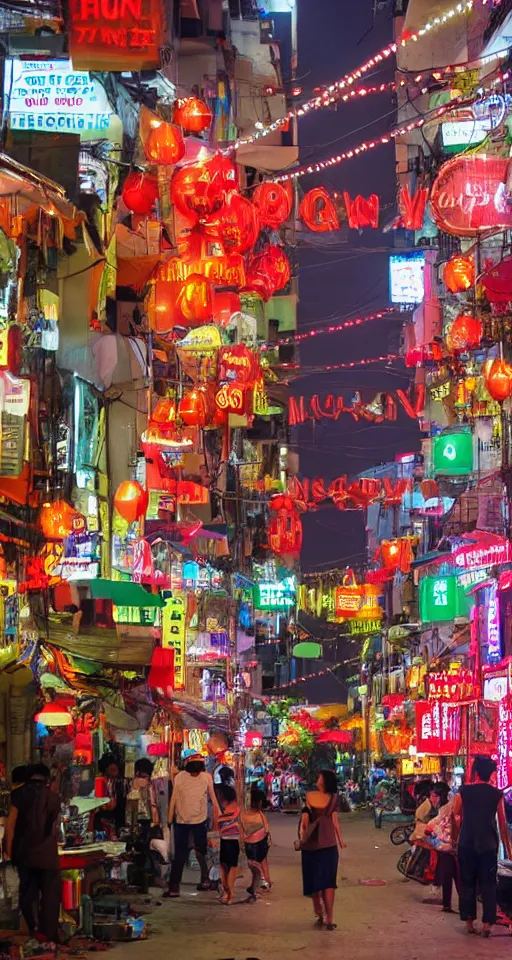 Prompt: New Saigon on Red Mars entertainment district street scene with lovers vendors and neon signed buildings. People are taking their fun seriously by Tsuchiya Koitsu