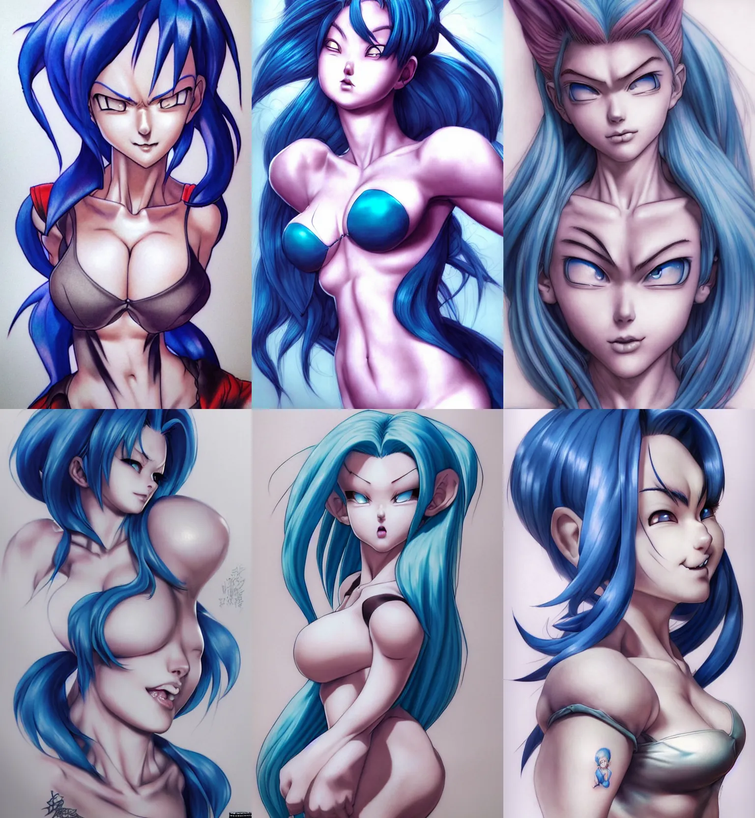 Prompt: gorgeous!! hyper - realistic giant woman resembling bulma + felicia from darkstalkers, tattoos | drawn by artgerm, drawn by wlop, drawn by jeehyung lee | intricate, high detail, ultra graphics, photorealistic, symmetrical, cinematic, smooth, sharp focus, character design, expressive, cute, beautiful!! full body, concept art, octane render