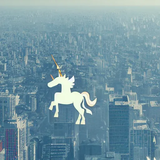 Image similar to unicorn flying above a city, whool universe