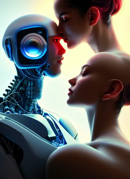 Prompt: ultra realistic close - up of a 3 d render beautiful couple of robots kissing, cyberpunk, sci - fi, fantasy, kodak, flare, octane render, colour led, soft light, volumetric lighting, night, intricate, highly detailed, digital painting, concept art, smooth, sharp focus, illustration, art by artgerm and greg rutkowski and alphonse mucha