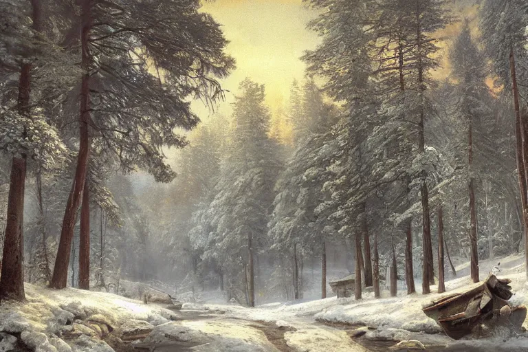 Image similar to A beautiful painting of russian village in dark forest by ivan shishkin and arkhip kuindji, trending on artstation, matte painting