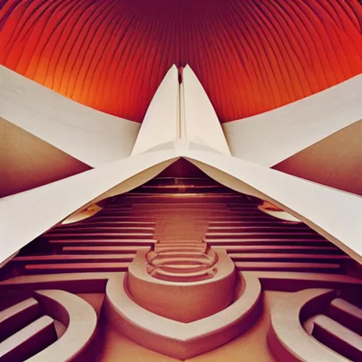 Image similar to interior of a futuristic lotus temple with gold, red and white marble panels, in the desert, by buckminster fuller and syd mead, intricate contemporary architecture, photo journalism, photography, cinematic, national geographic photoshoot