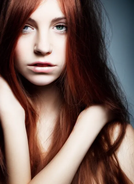 Prompt: Close-up portrait photo of a beautiful girl with light brown hair with red highlights , dramatic light,flash studio,in the style of Lindsay Adler, dark background, high quality