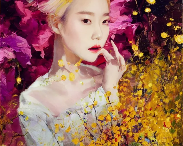 Image similar to lee jin - eun in elegant chic interstellar lush dress emerging from gold gold by martine johanna, michael garmash and katsuhiro otomo, rule of thirds, seductive look, beautiful, cotton candy clouds, puyallup berteronian, himalayan poppy flowers, gorgeous, face anatomy, masterpiece