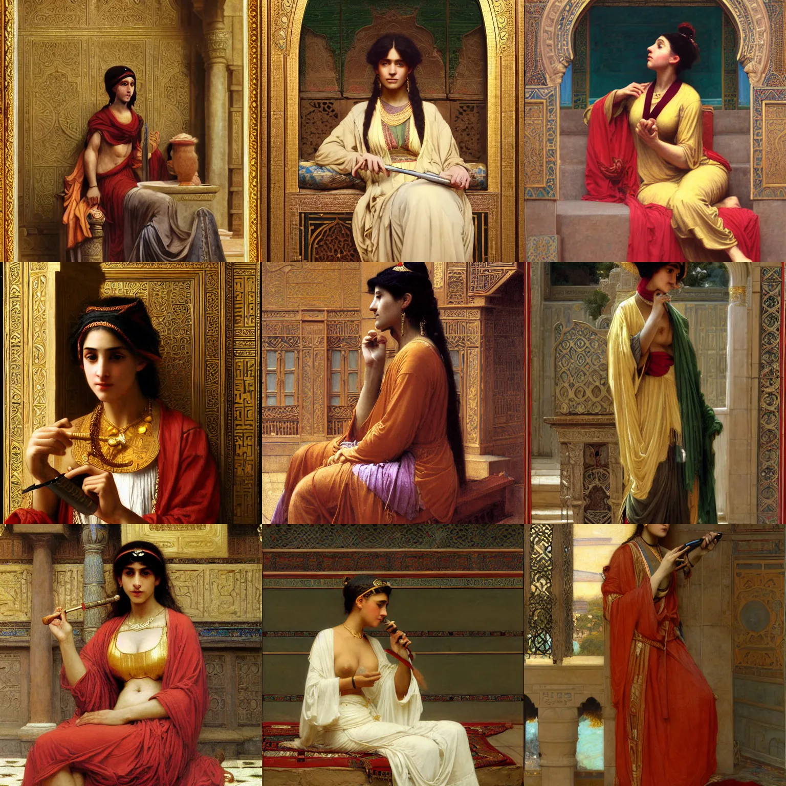 Prompt: orientalist portrait of a moorish female sage wearing a golden robe smoking a pipe in a sandstone temple intricate portrait by john william waterhouse and Edwin Longsden Long and Theodore Ralli and William-Adolphe Bouguereau, very coherent symmetrical artwork. Cinematic, hyper realism, high detail 8k