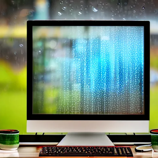 Prompt: a computer monitor under rain, 4k,