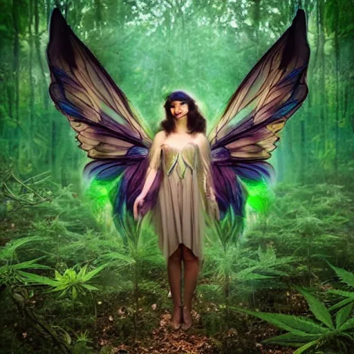 Prompt: beautiful fairy, fantasy, cannabis wings, symmetrical face, full body, dramatic lighting, forest, dreamy