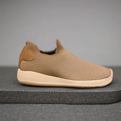 Image similar to a distinctively curved silhouette desert sand color shoe, upper of the shoe is made from a lightweight foam material and has holes, which gives the shoe its unique look. the desert sand color foam material used on the midsole and outsole of the shoe, foam - based slip - on shoe, designed by kanye west, studio lighting, studio portrait