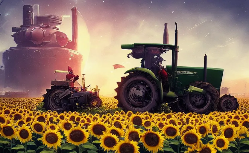 Image similar to cute tractor on sunflower field towing a russian t 6 2 tank cyberpunk art by mike winkelmann, trending on cgsociety, retrofuturism, reimagined by industrial light and magic, darksynth, sci - fi