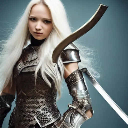 Image similar to beautiful girl with white long hair, wearing epic armor holding an edgy sword ready to fight a deadly monster giant