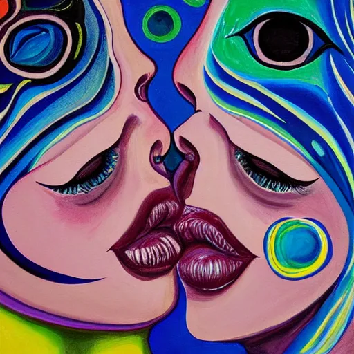 Image similar to expressive painting by francesca sundsten of two bizarre psychedelic femme creatures kissing each other closeup, speculative evolution, exobiology