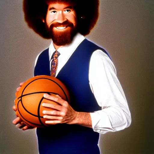 Image similar to bob ross with a basketball for hair, photo, 8 k