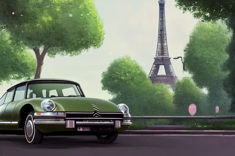 Image similar to a wholesome animation key shot of!! one!! focused! 1 9 7 4 citroen ds! in a tree lined paris street with a view of eiffel tower, medium shot, studio ghibli, ( pixar ) and disney animation, sharp, very detailed, high resolution, rendered in unreal engine 5, anime key art by greg rutkowski, bloom, dramatic lighting