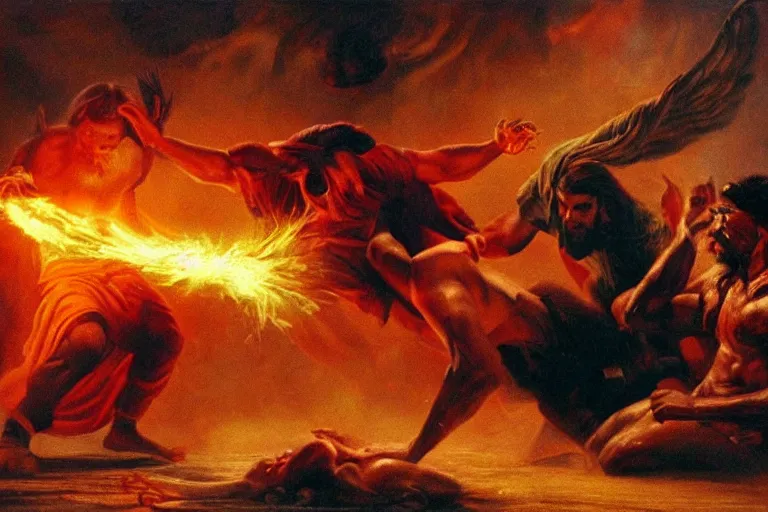 Prompt: hyperrealistic photo of Jesus Christ pummeling red-skinned Satan devil Lucifer in the face on the floor to a pulp, 8k cinematic, epic fight scene, stunning composition, DSLR focus on the subjects