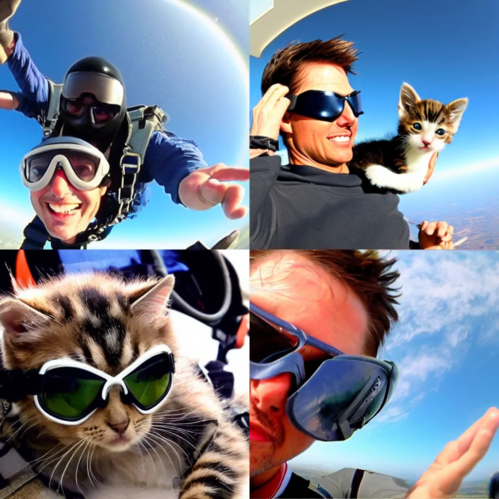 Prompt: Tom Cruise sky diving with a cute kitten wearing goggles, photorealistic