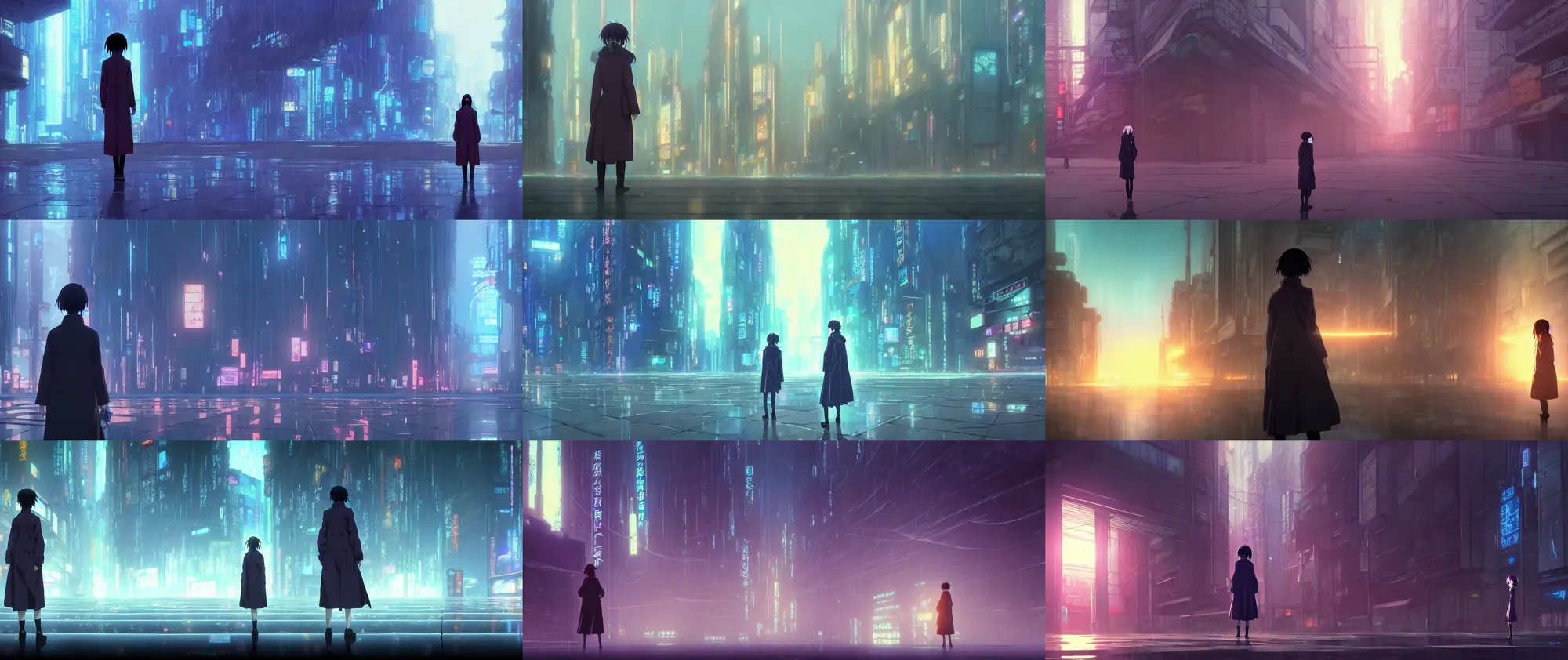 Prompt: a high definition screenshot from the haunting and strange ( ( ( cyberpunk ) ) ) anime anime anime film ; a lone lone lone female detective wearing a trenchcoat investigates a strange and ethereal dreamscape, digital painting by makoto shinkai, moebius moebius, surrealism, trending on artstation