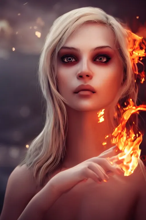 Prompt: gorgeous young blonde woman playing with flames coming out of her eyes, cyberpunk, realistic, high definition, many details, dramatic scene, symmetrical face, realistic eyes, unreal engine art 5