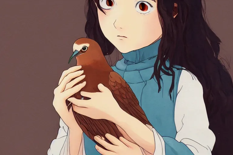 Image similar to young pretty girl holding a bird in her hands, looking touched, Fragile looking character portrait , beautiful scene; highly detailed art, by Studio Ghibli , High contrast, anime art