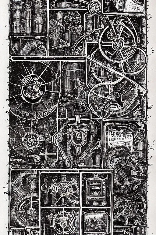 Image similar to warhammmer 4 0 k page of an adepticus mechanicus book on lost technology, page 2 3 : incantation and sigil, gothic industrial diagram, academic art. intricate