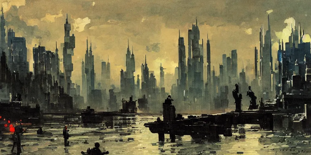 Prompt: wet - in - wet painting of a futuristic city by winslow homer