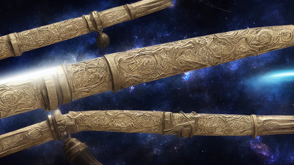 Image similar to broad sword filled with universe, milky way, 3 feet long, cinematic lighting, concept art, inscriptions, hyper detailed, octane render, 4 k, 8 k