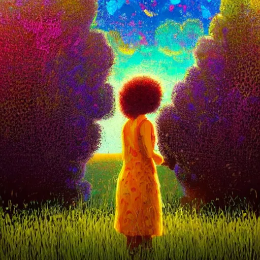 Image similar to girl with one flower afro, standing in a field with flowers, hills, big trees, sunrise dramatic light, impressionist painting, colorful clouds, digital painting, pointillism, artstation, simon stalenhag