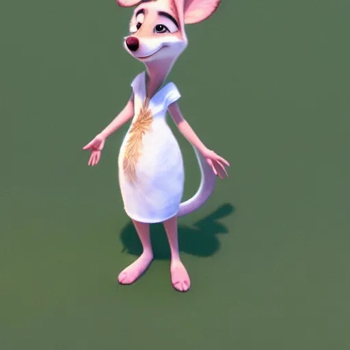 Image similar to 3 d render, portrait, anthropomorphic mouse, female, in a maxi white dress, in the style of zootopia, closeup, artstation