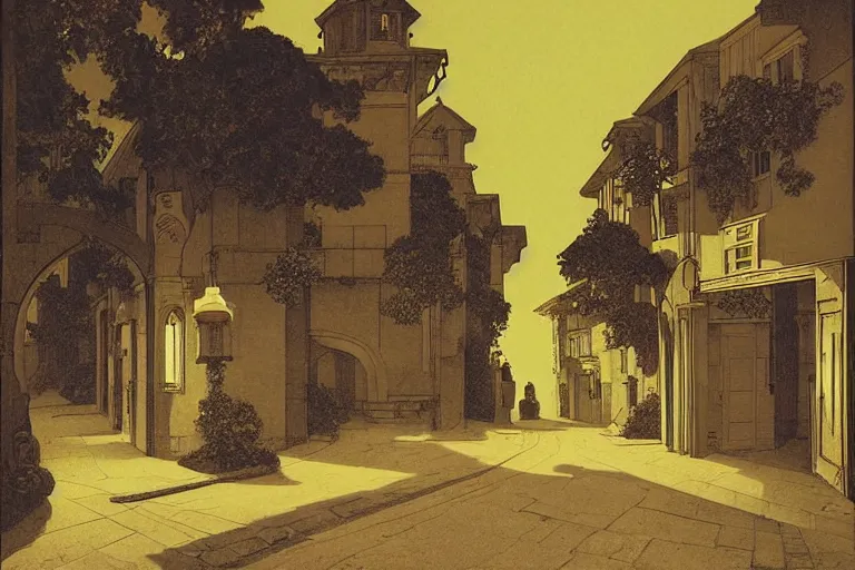 Prompt: winding street at midnight in a very old very beautiful city by George Price Boyce and Maxfield Parrish, glowing paper lanterns, strong dramatic cinematic lighting , ornate tiled architecture, lost civilizations, smooth, sharp focus, extremely detailed