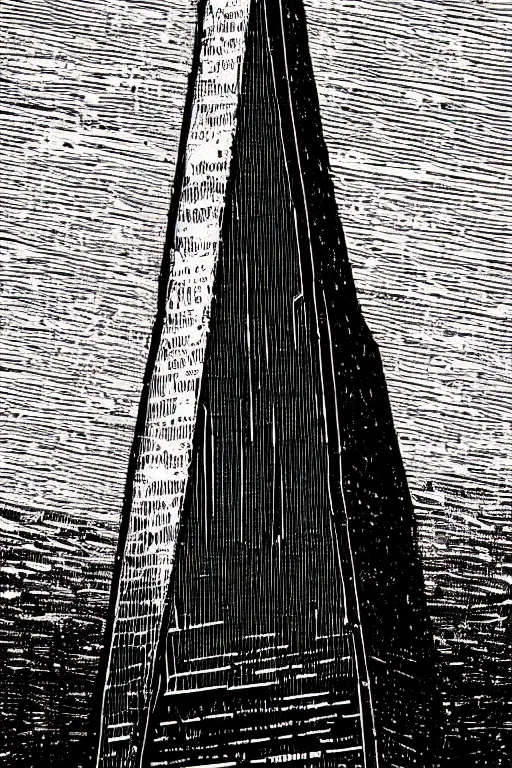 Prompt: a beautiful linocut print of the shard, 8 k, frostbite 3 engine, cryengine, dof, trending on artstation, digital art, crepuscular ray, art by fossi _ images and tugboat printshop