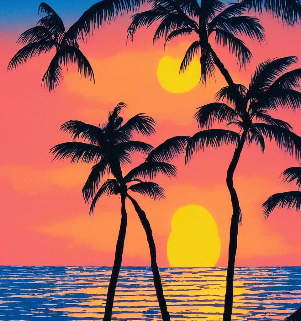 Image similar to gorgeous romantic sunset, cliffside onlooking the beautiful city of surfers paradise in queensland, warm colors, tropical, in the style of hiroshi nagai, very detailed, tropical, 8 0 s