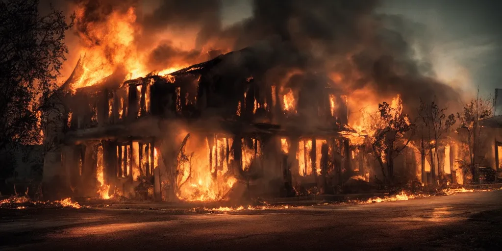 Prompt: house on fire, cinematic, dramatic, atmospheric, realistic