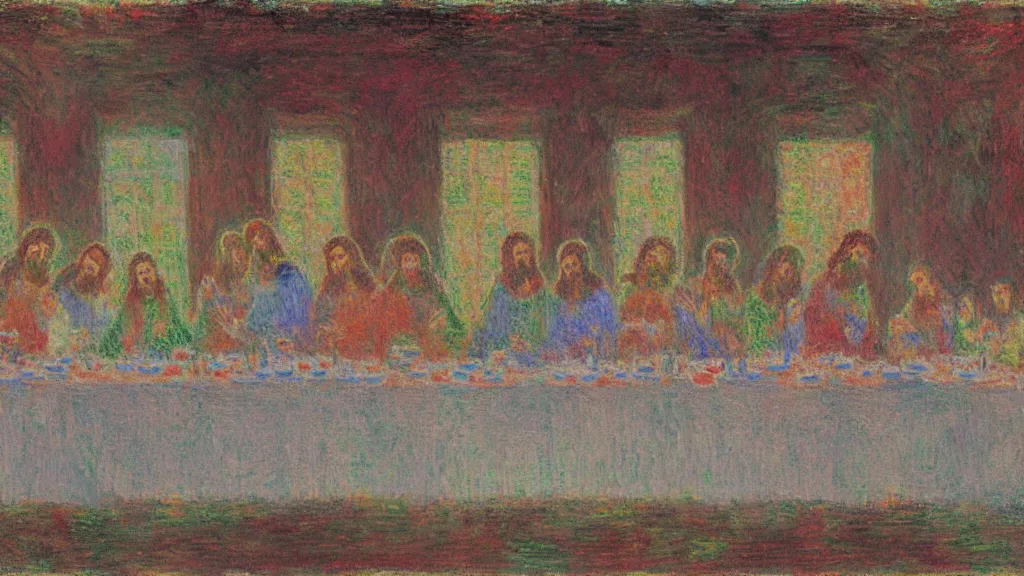 Image similar to the last supper in space in the style of claude monet, digital art.