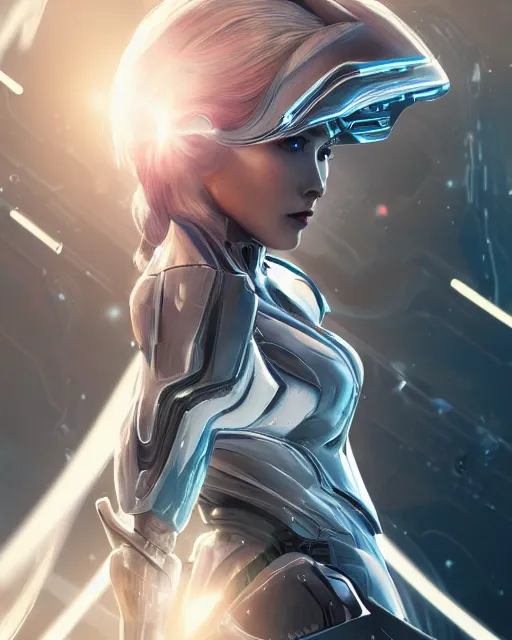 Prompt: photo of an android girl on a mothership, warframe armor, beautiful face, scifi, futuristic, galaxy, raytracing, dreamy, perfect, aura of light, pure, white hair, blue eyes, glow, insanely detailed, artstation, innocent look, art by gauthier leblanc, kazuya takahashi, huifeng huang