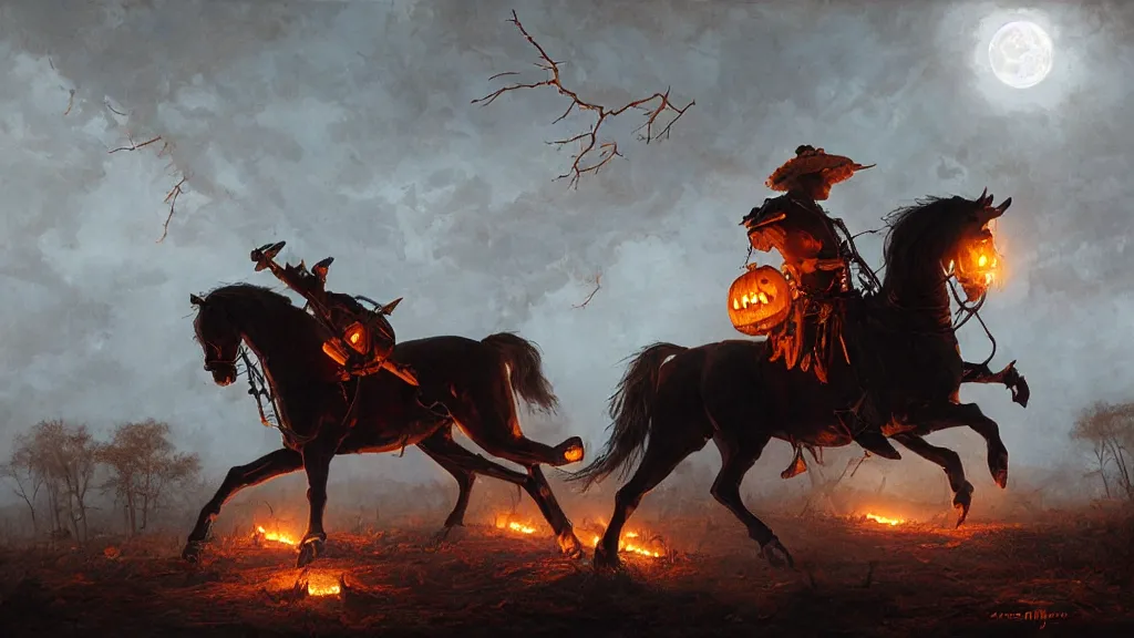 Prompt: a jack - o - lantern headed colonial rider!!!! on lone rampant!!! ( ( black horse ) ) with fiery eyes, background gnarled trees and large supermoon, in the styles of greg rutkowski, keith parkinson, and john quidor, intricate, detailed, volumetric lighting