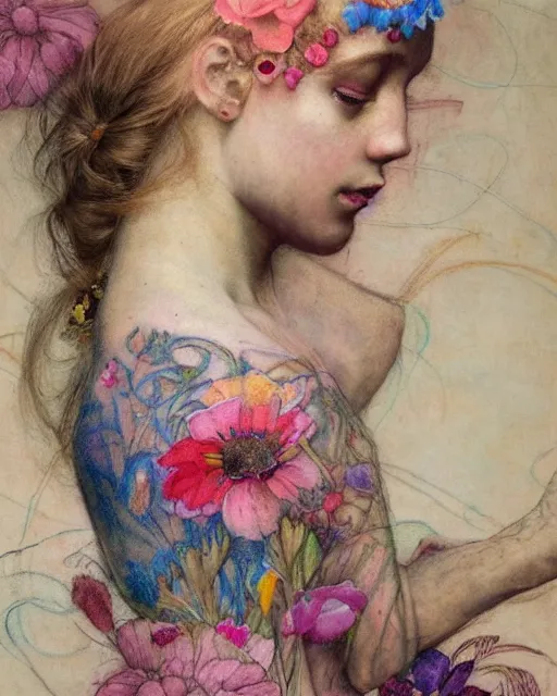 Prompt: close up of a beautiful ballerina colourful tattoos surrounded by colourful flowers, by edgar maxence and caravaggio and michael whela, artistic, intricate drawing, light brazen, realistic fantasy, 8 k resolution