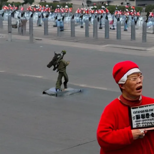 Prompt: where's wally as tankman in tiananmen square