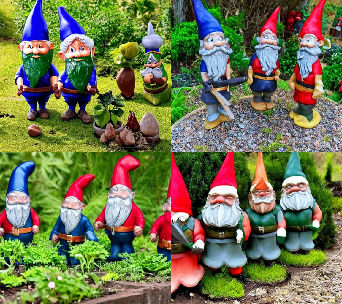 Prompt: Garden gnomes preparing for war.