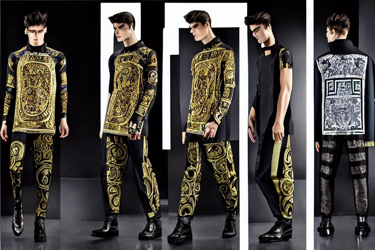 Image similar to versace avant garde male tunics posing in new york intricate modern choatic textiles streetwear cyberpunk dark cloudy raining