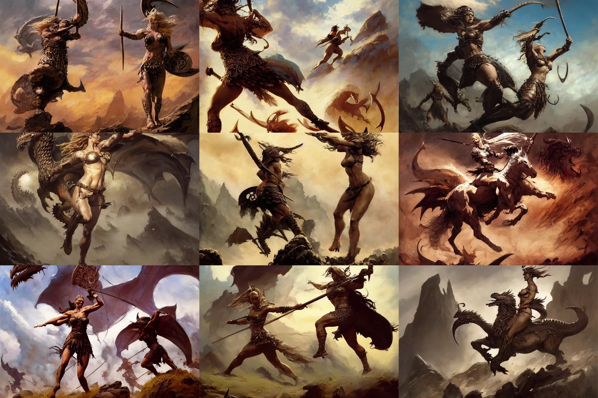 Prompt: An oil painting of a beautiful viking woman sprinting into battle, by Frank Frazetta, Greg Rutkowski, Boris Vallejo, Neal Hanson, Christian MacNevin, epic fantasy character art, goddess of war, high fantasy, Exquisite detail, post-processing, low angle, masterpiece, cinematic, colossal dragon as background