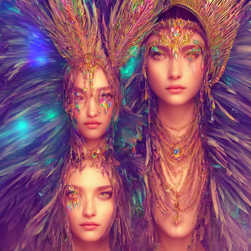 Image similar to portrait highly detailed beautiful symmetrical face high priestess intricate elegant detailed crystal jewellery with tribal feathers, lush colourful volumetric lighting, anime digital painting, concept art, smooth, sharp focus 3 d, divine realm of gods, realistic cinematic style, octane render, photographic, unreal engine 8 k