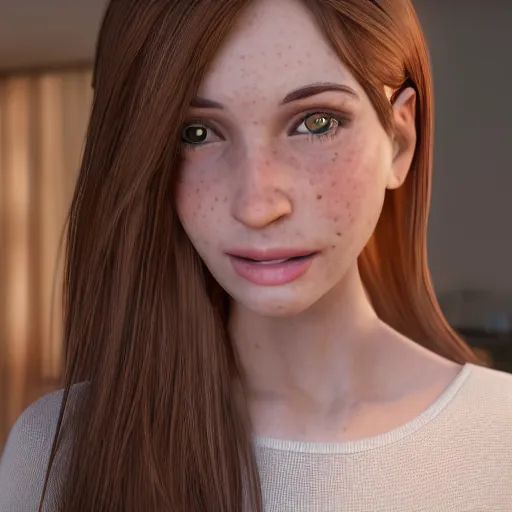 Image similar to Render of April, a cute 3D young woman, long shiny bronze brown hair, full round face, green eyes, medium skin tone, light cute freckles, light blush, smiling softly, wearing casual clothing, interior lighting, cozy living room background, medium shot, mid-shot, hyperdetailed, hyperreal, trending on Artstation, Unreal Engine 4k