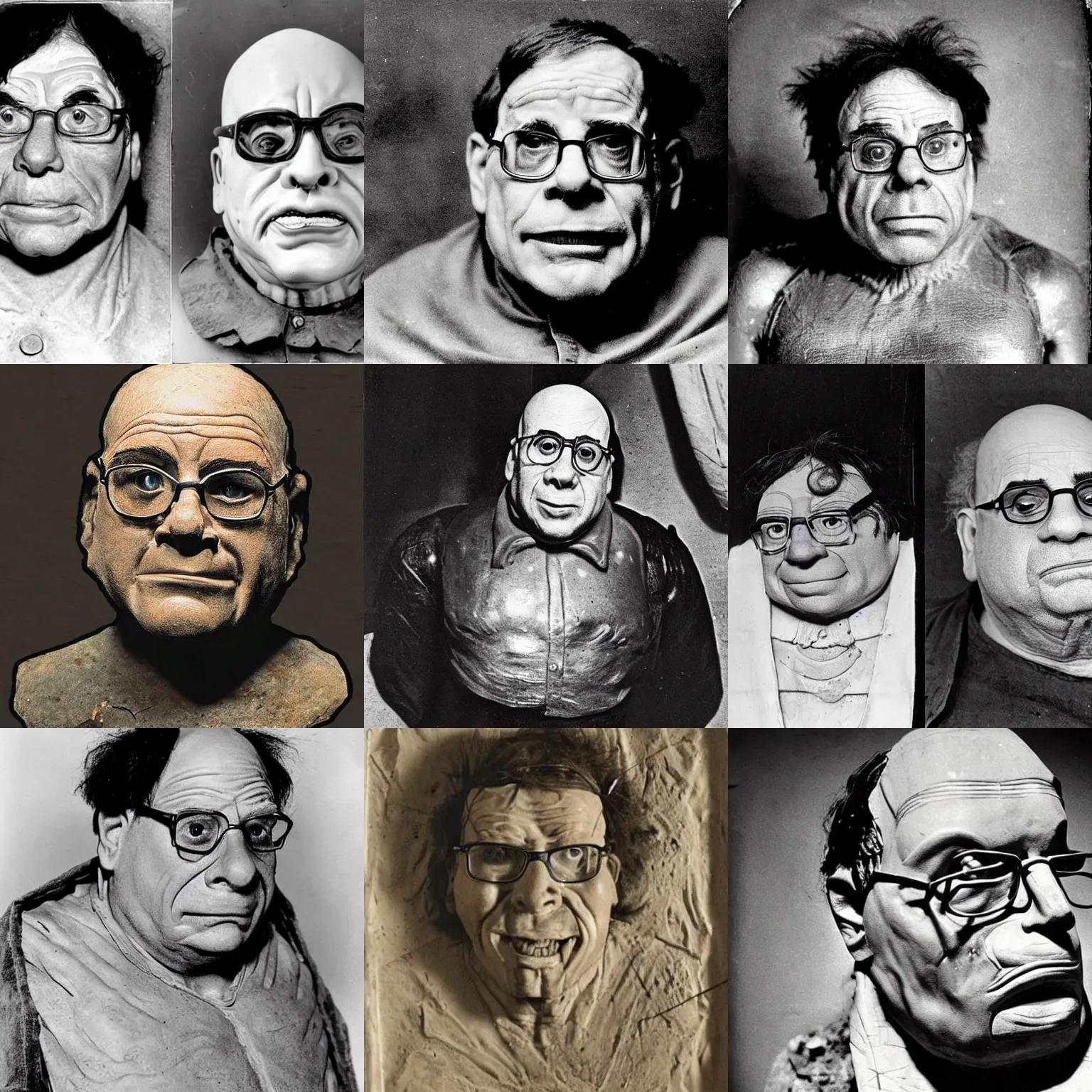 Prompt: historians discover an ancient mummy that looks shockingly like stephen king crossed with danny devito, ancient remains, historical photograph, 1 9 4 0 s archeological expedition