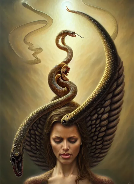 Prompt: snake eating an angel, fine art, intricate, elegant, highly detailed, realistic hair, centered, digital painting, art station, conceptual art, soft, sharp focus, illustration, artwork, artgerm, tomasz alen kopera, peter mohrbacher, donato giancola, wlop, boris vallejo